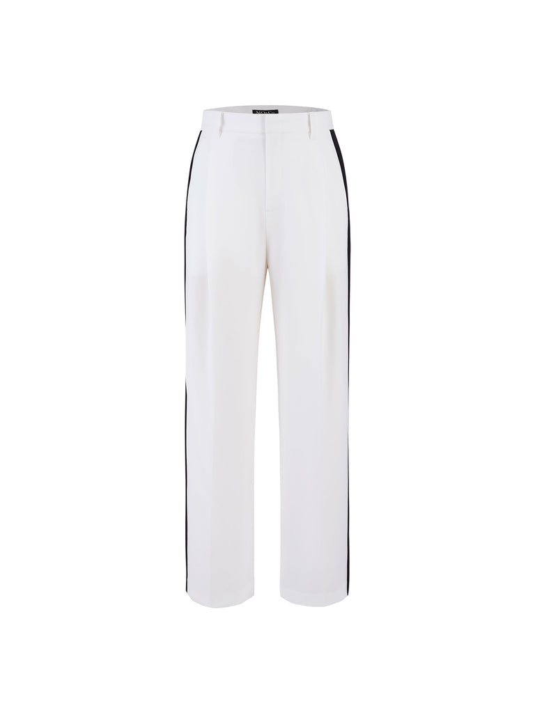 MO&Co. Women's Contrast Trim Suit Pants in White offer timeless style and lasting comfort. Features include contrast trim design, straight leg, side pockets, belt loops, and a zipper and hook closure.