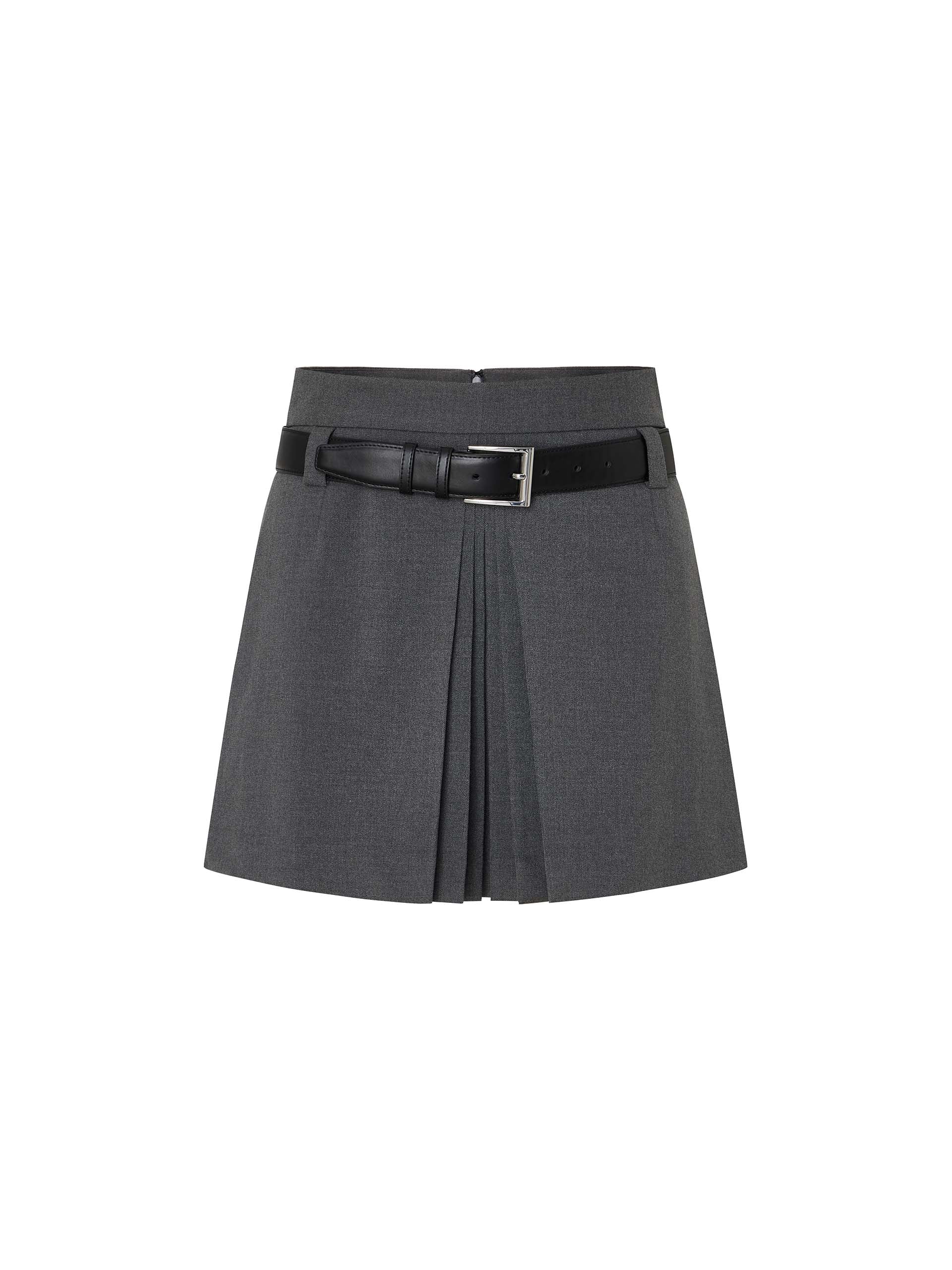 MO&Co. Women's Pleated Mini Skirt in Grey with Belt features mini length, pleated details at front, low-rise belt loops design & a hidden back zipper closure, it's sure to be a wardrobe staple! 