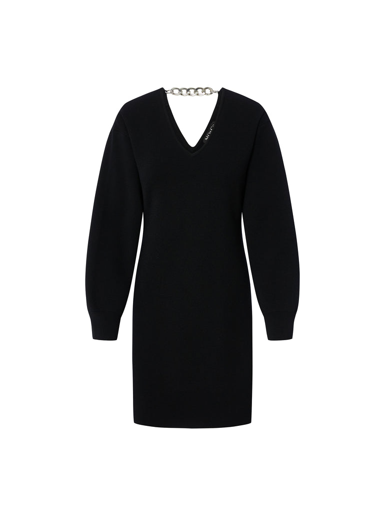 Wool Blend V Neck Black Midi Dress