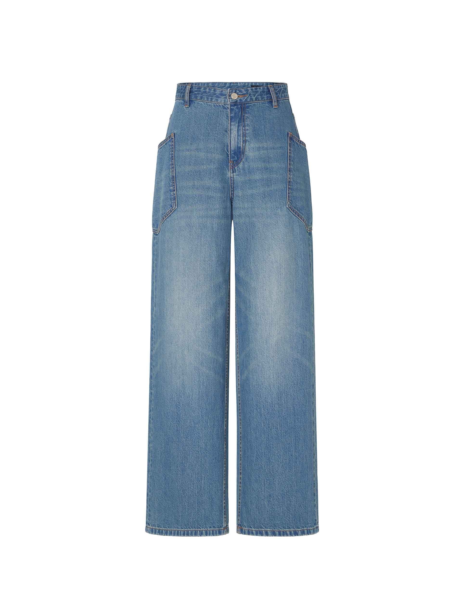 MO&Co.'s Women's Wide Leg Full Length Jeans - crafted from 100% cotton with comfort and soft touch, featuring a button and zip closure, whiskered effect and big side pocket details.