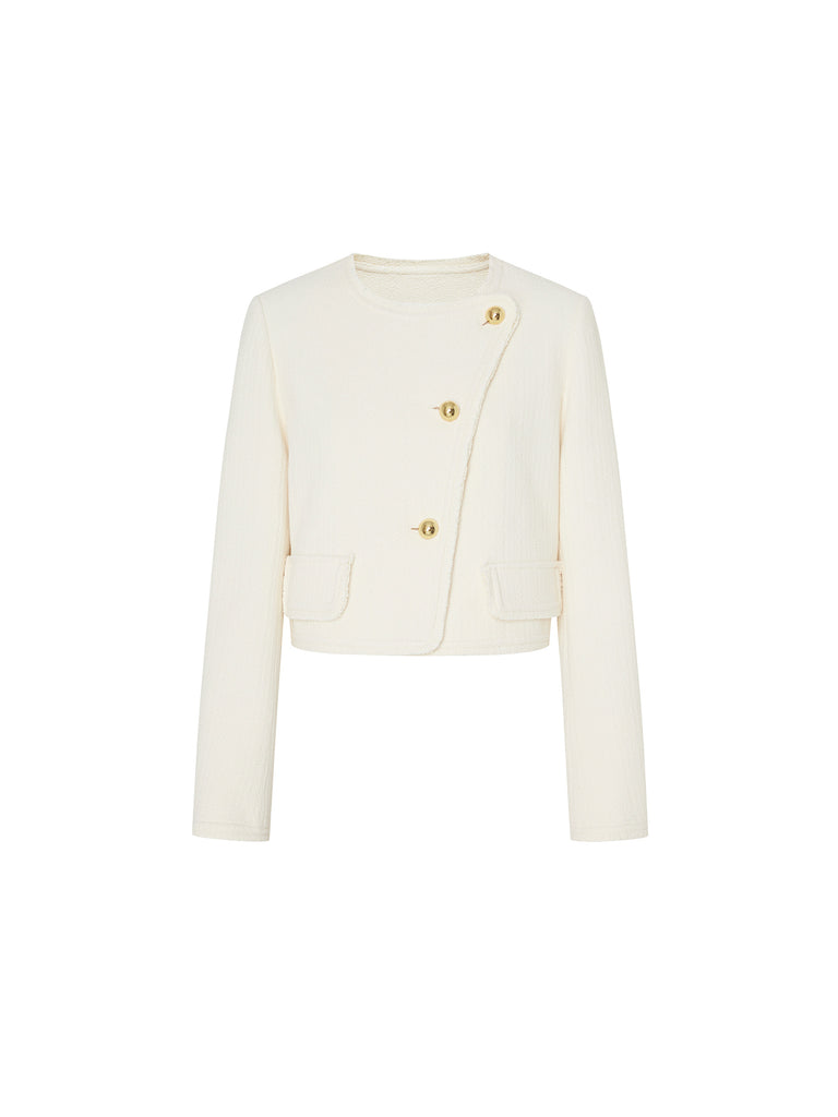 Collarless Metal Button Cropped Jacket in Beige