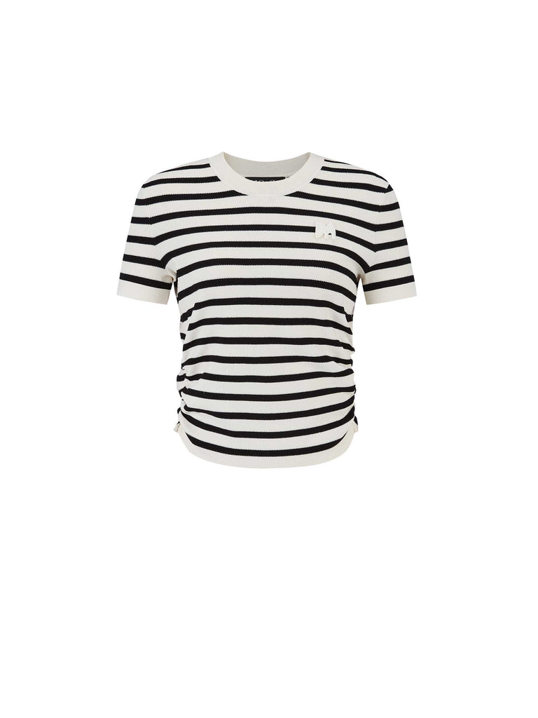 MO&Co. Women's Round Neck Striped Slim-fit Top in Black and White