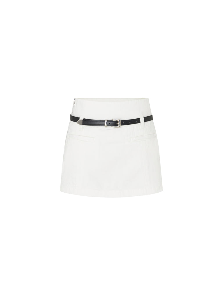 Side Zip White Denim Mini Shorts with Belt