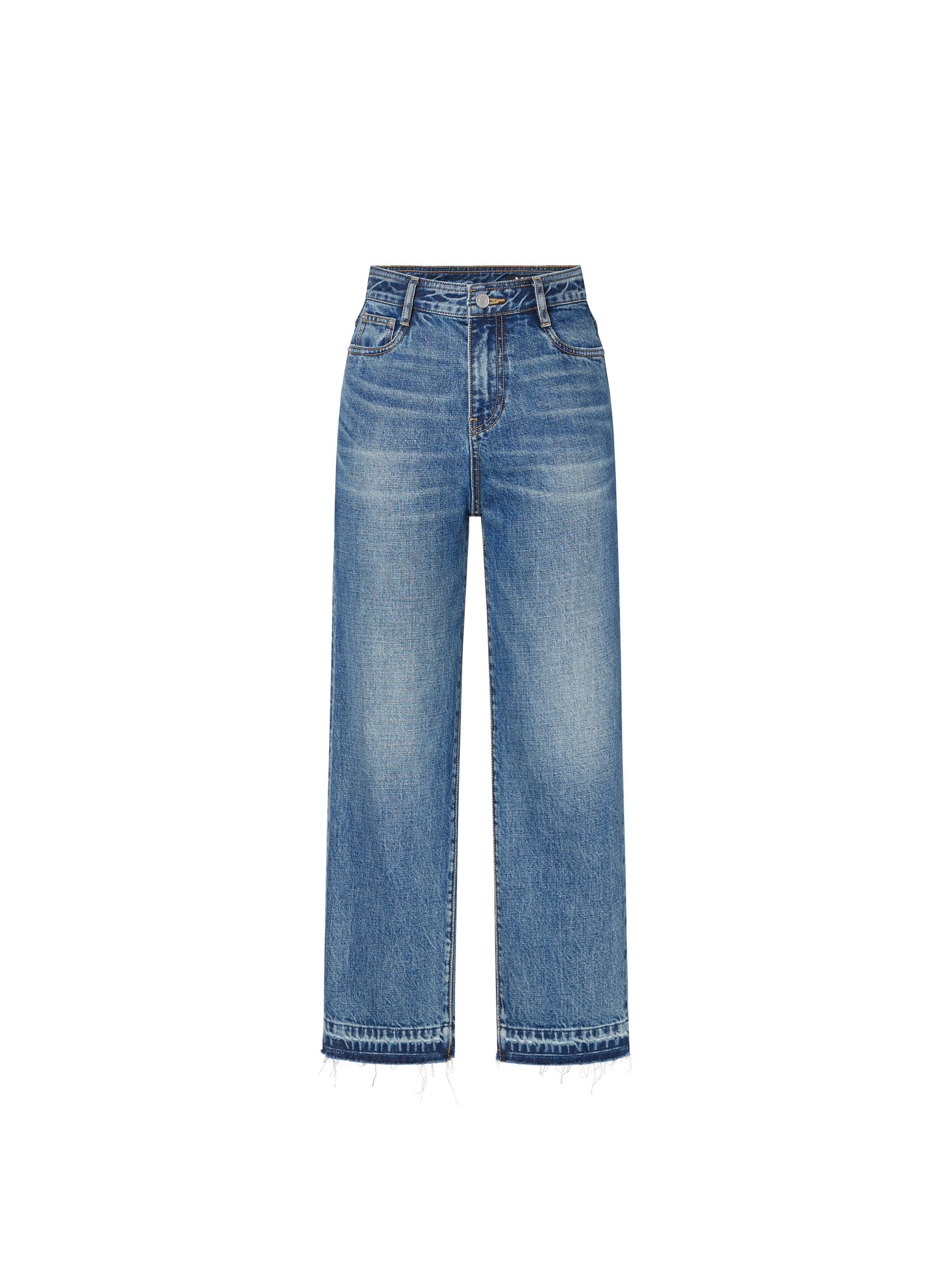 Frayed Raw Hem Straight Leg Cotton Denim Blue Jeans