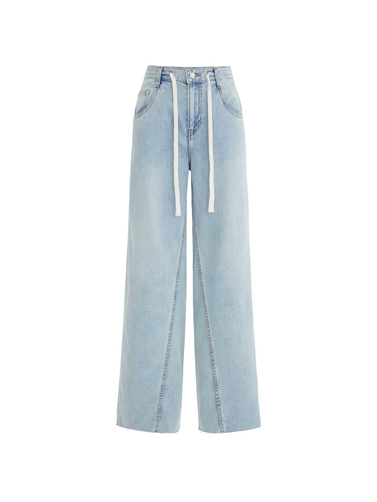 MO&Co. Women's Drawstring Wide Leg Mid-rise Light Blue Jeans with Raw hem and irregular Seam details