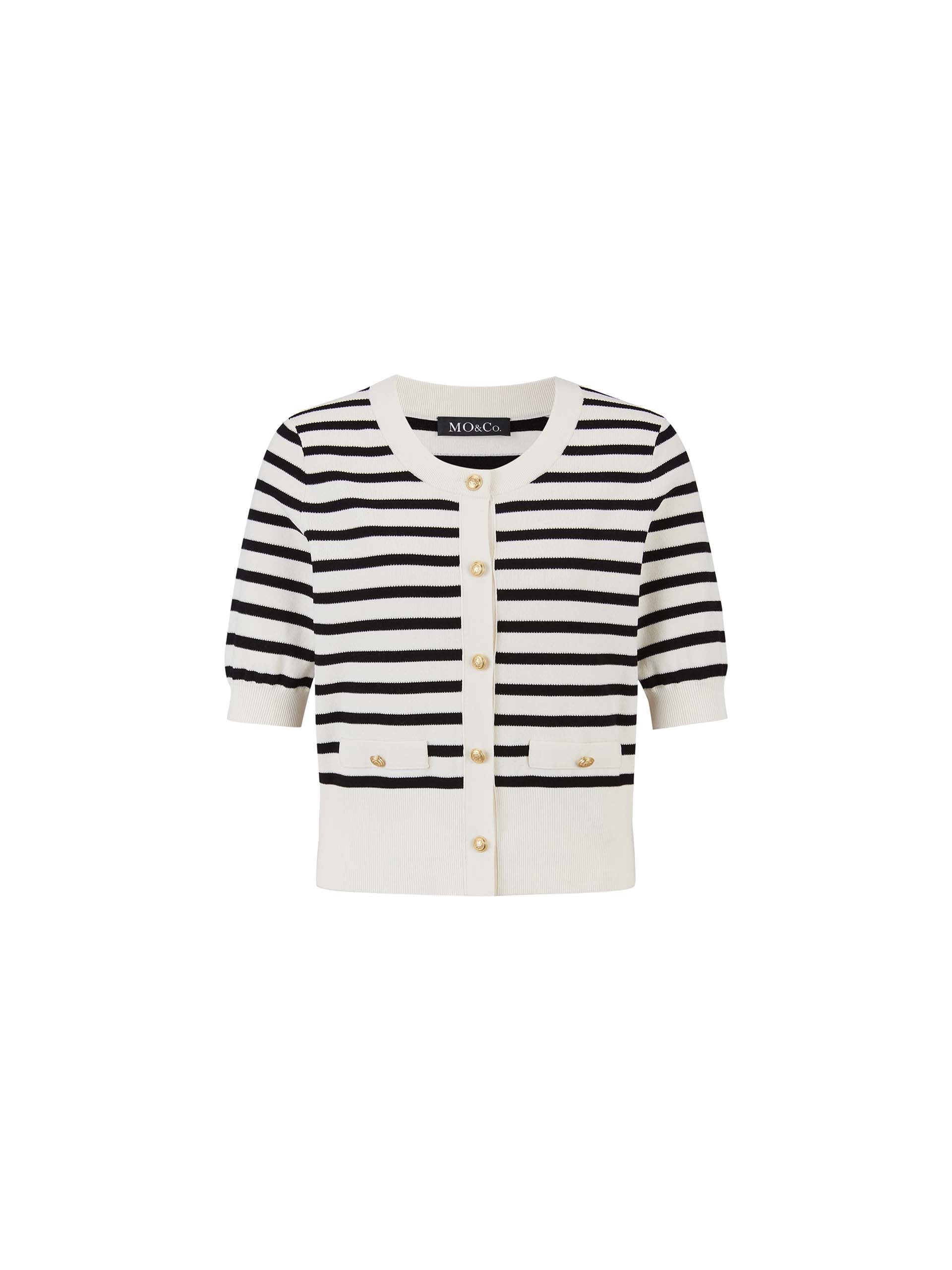 MO&Co. Women's Short Sleeve Striped Cardigan Black and White