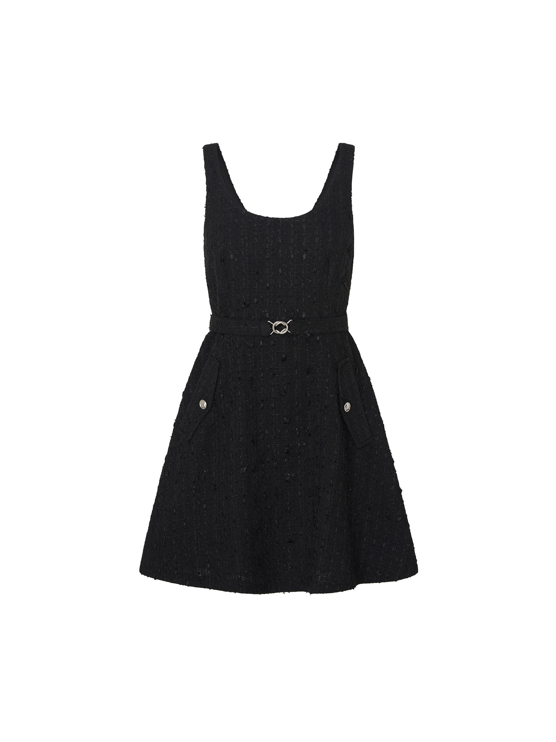 Sleeveless U-neck Tweed Textured Mini A-line Dress in Black