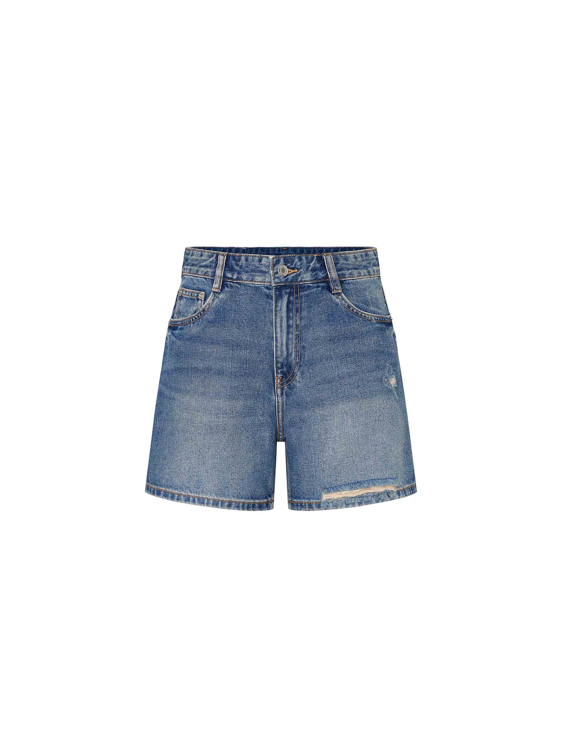 MO&Co. Women's Ripped Details Blue Denim Shorts