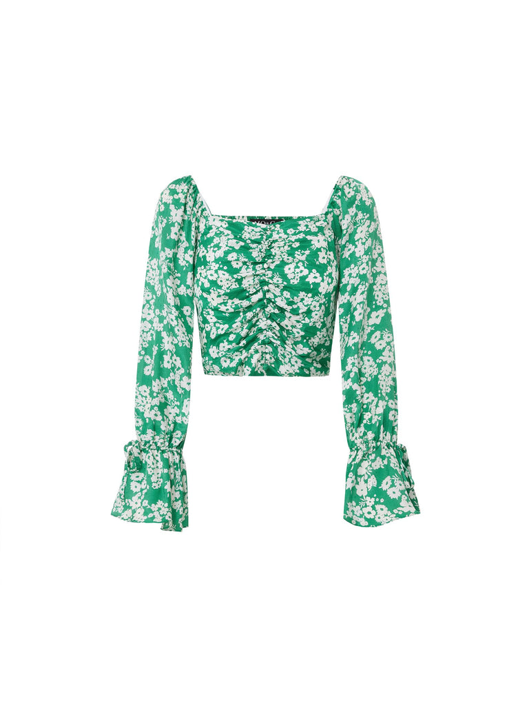 Women's Silk Blend Green Floral Print Smocked Top