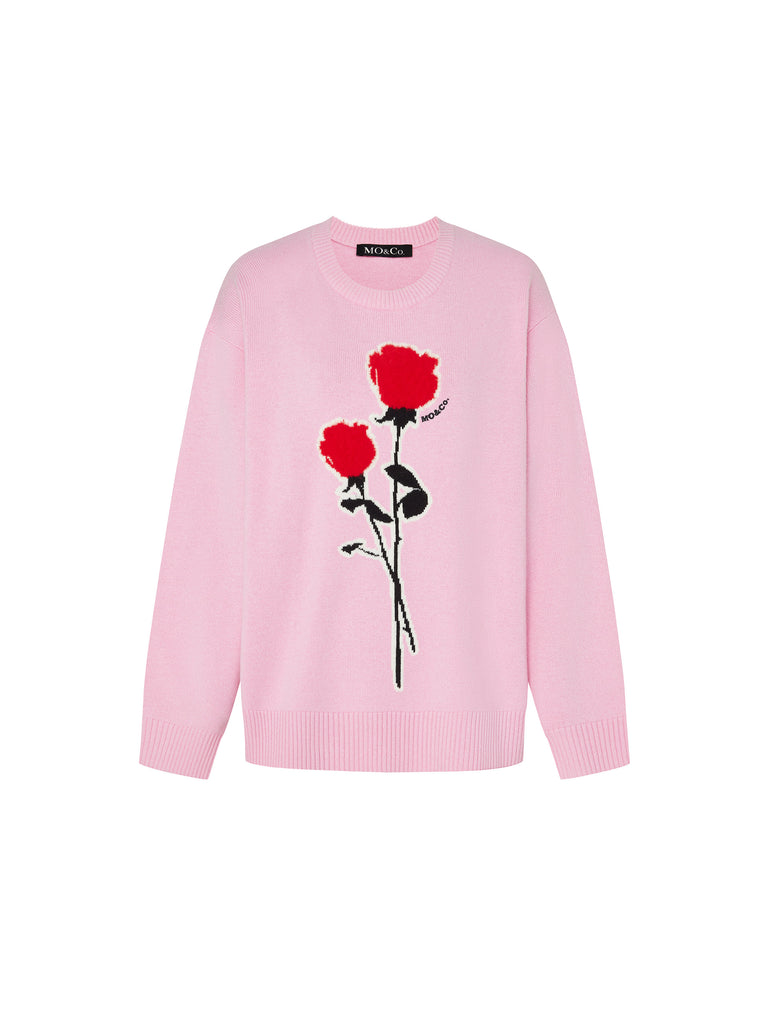 Pink Rose Embroidered and Jacquard Wool Sweater Pullover