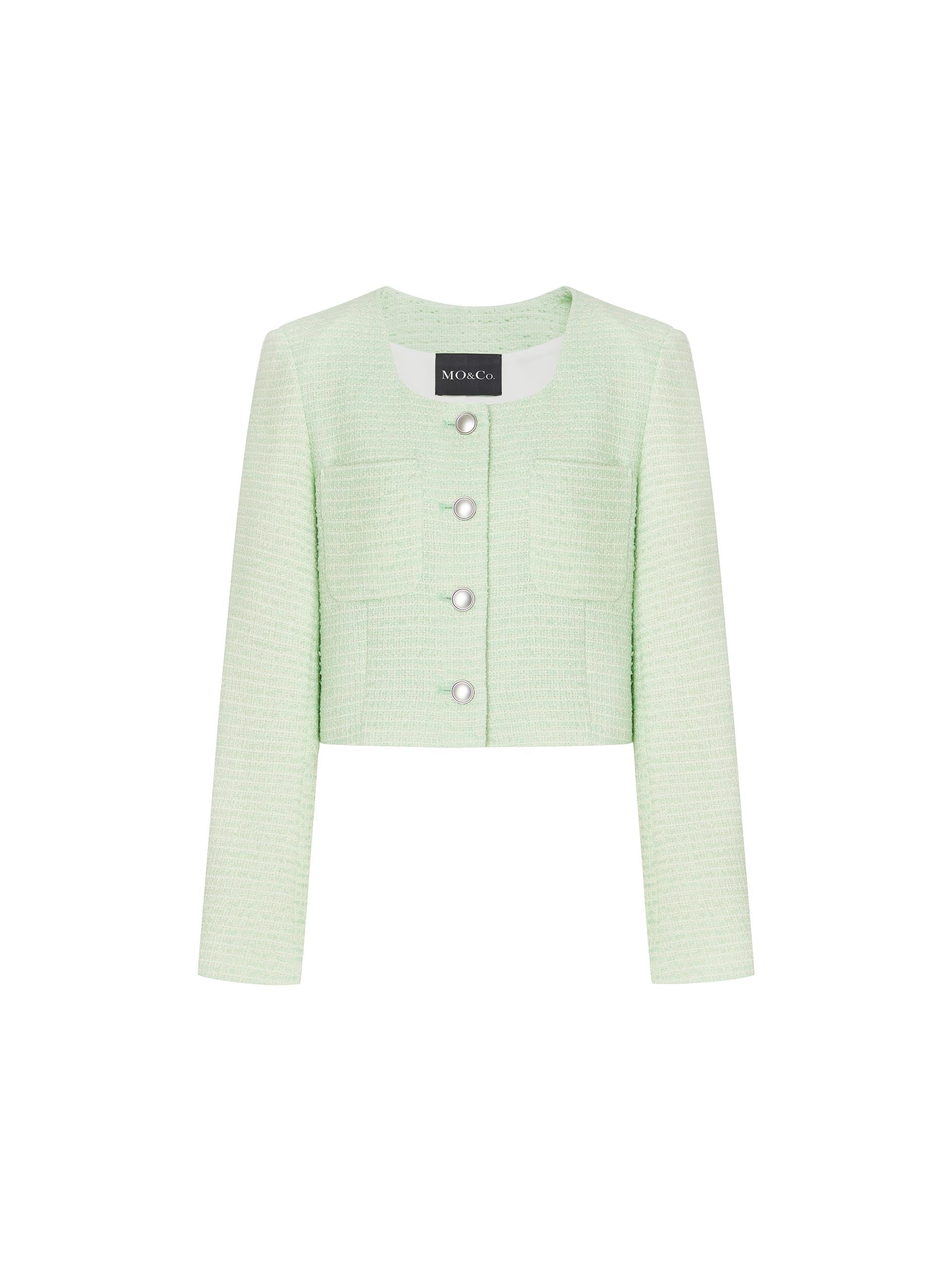 Women's Cropped Boxy Tweed Texture Green Jacket