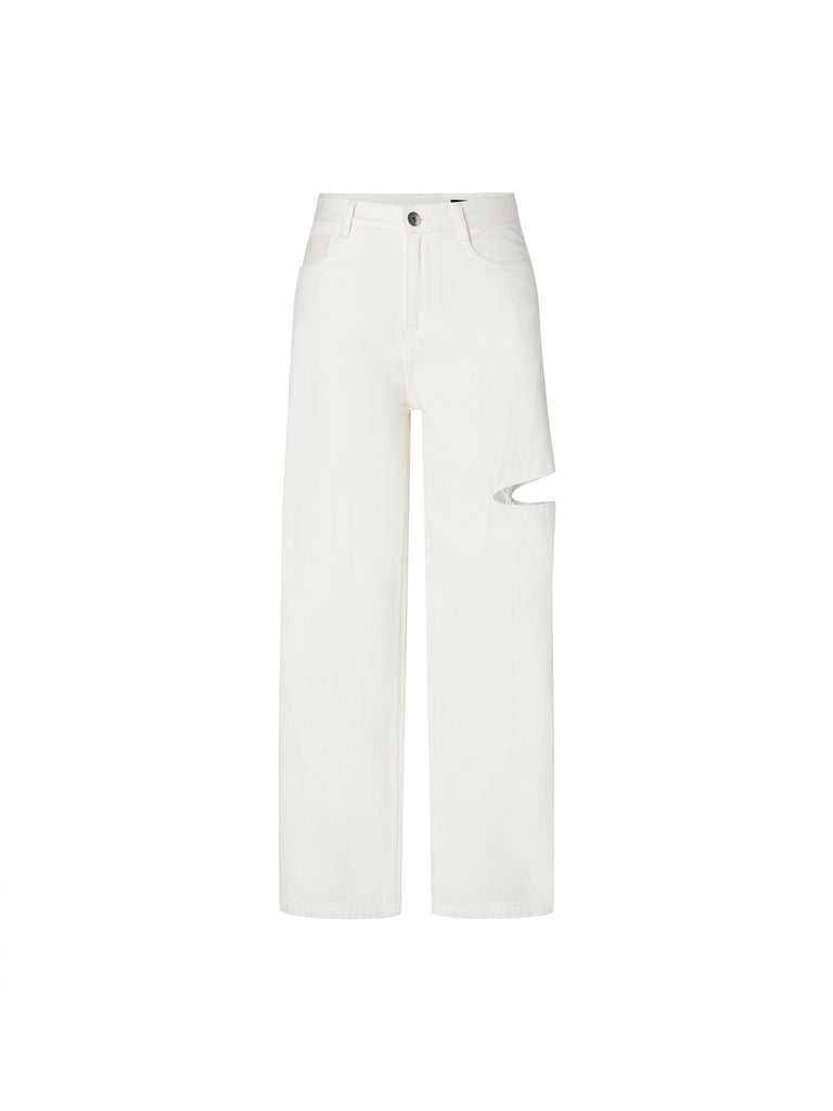 Cut-out Details Straight Leg White Jeans