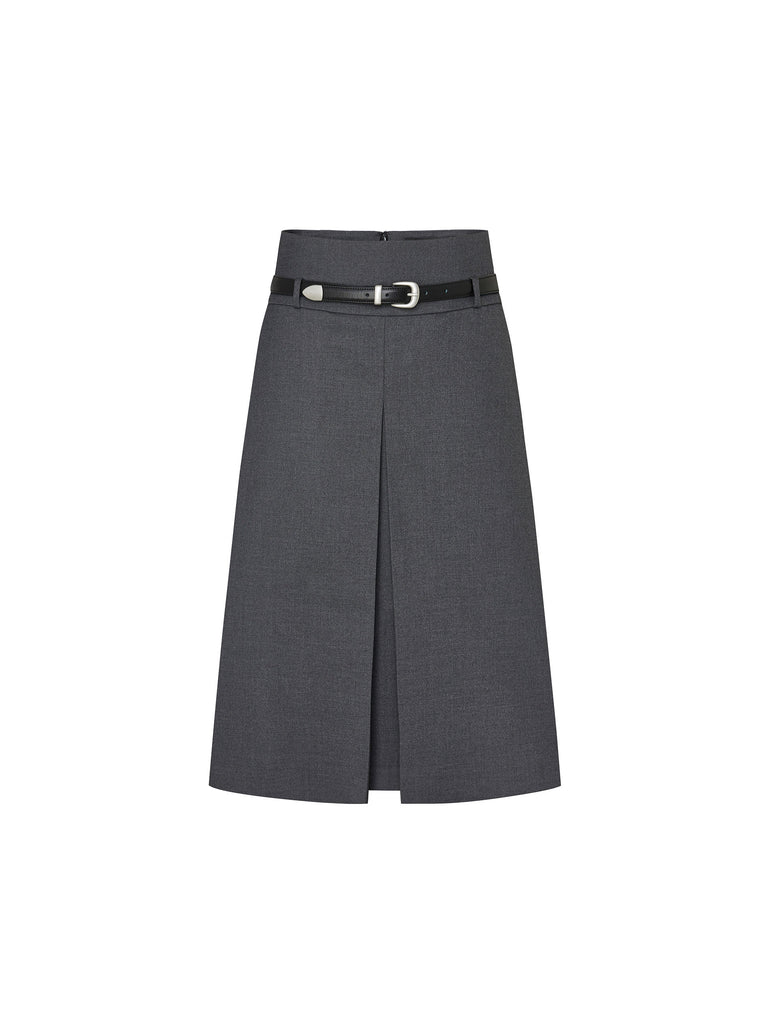 Grey Pleated Old Money Midi A-line Skirt with belt