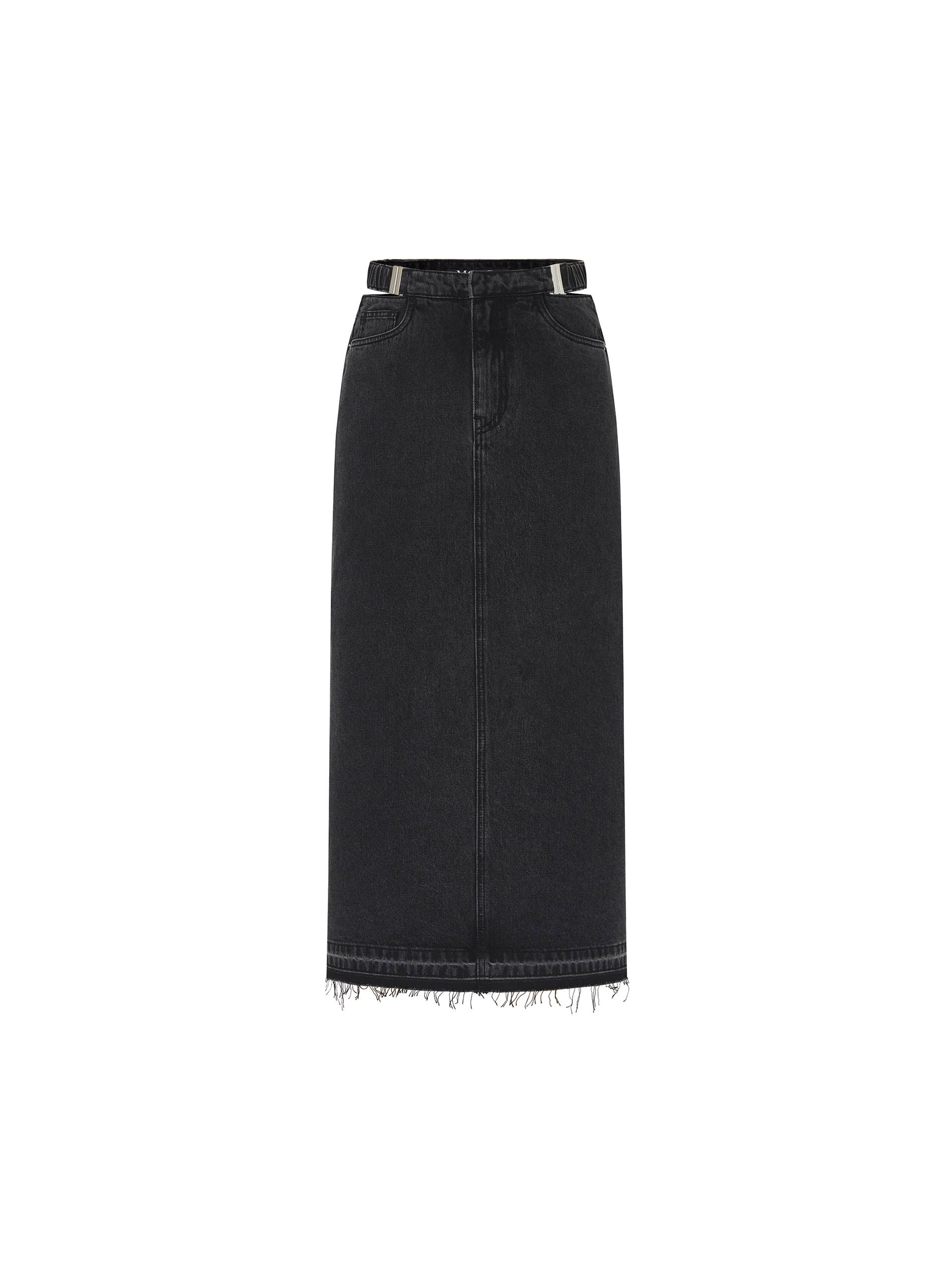 Slit Back Cut-out Waistband Details Black Denim Maxi Skirt