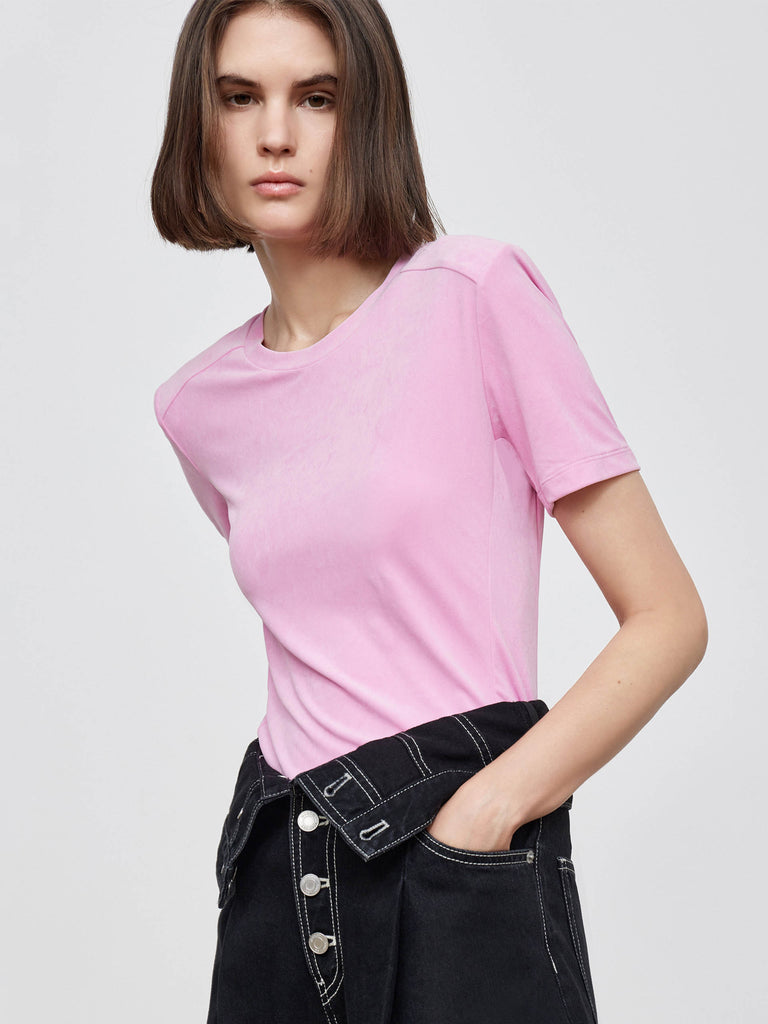 MO&Co. Women's Triacetate T-shirt with Padded Shoulders Fitted Casual pink tshirts