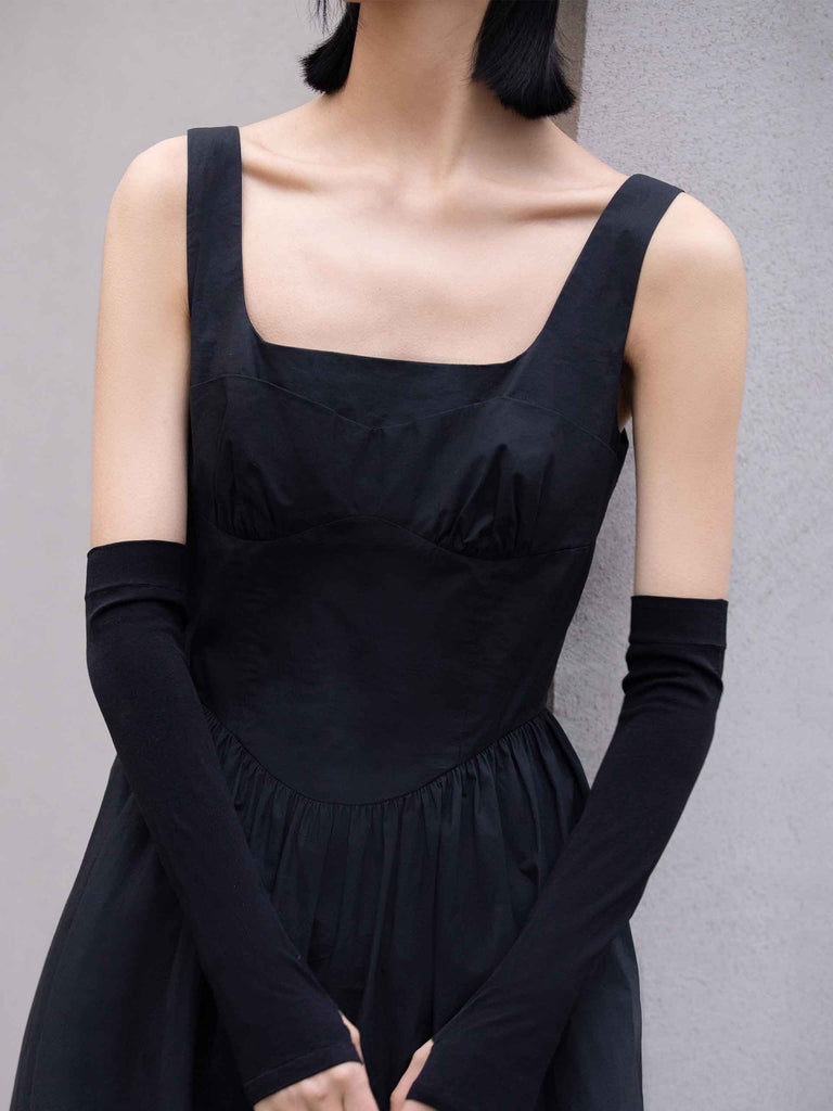 MO&Co. Women Vintage Cotton Tank Dress Fitted Classic Round Neck Black Slip