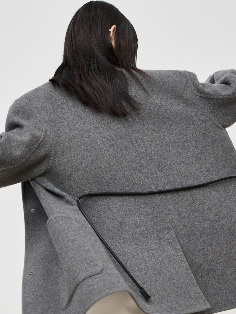 MO&Co. Women's Collarless Coat in Wool Loose Casual Lapel Longline Coat