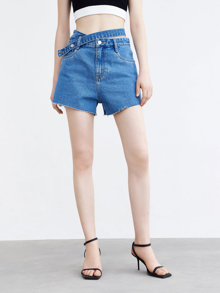 MO&Co. Women's Cotton Irregular Belt Denim Shorts Loose Cowboys Blue Summer