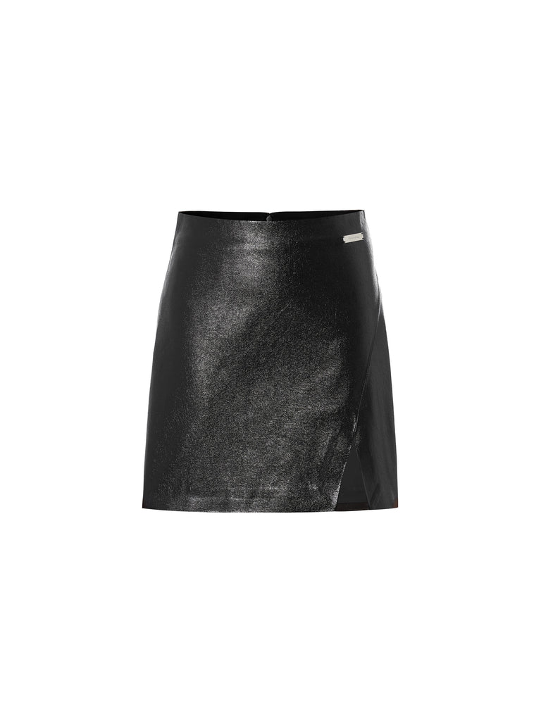MO&Co. Women's Glossy Faux Leather Slit Skirt Fitted Chic  Black Miniskirt