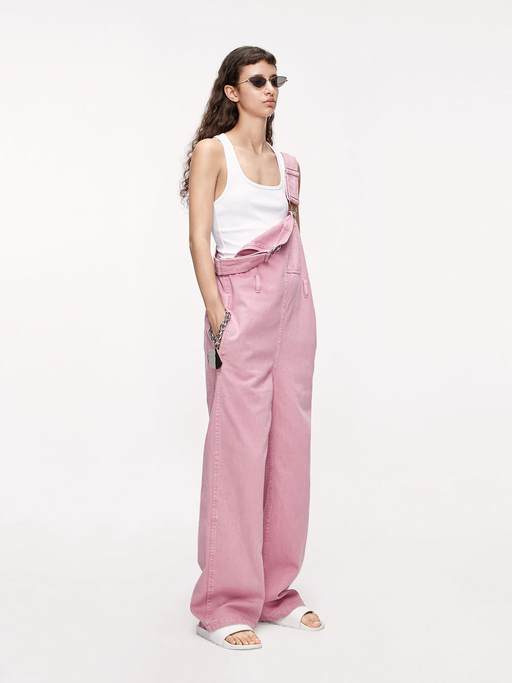 MO&Co. Women's Cotton Cargo Jumpsuit with Belt in Pink