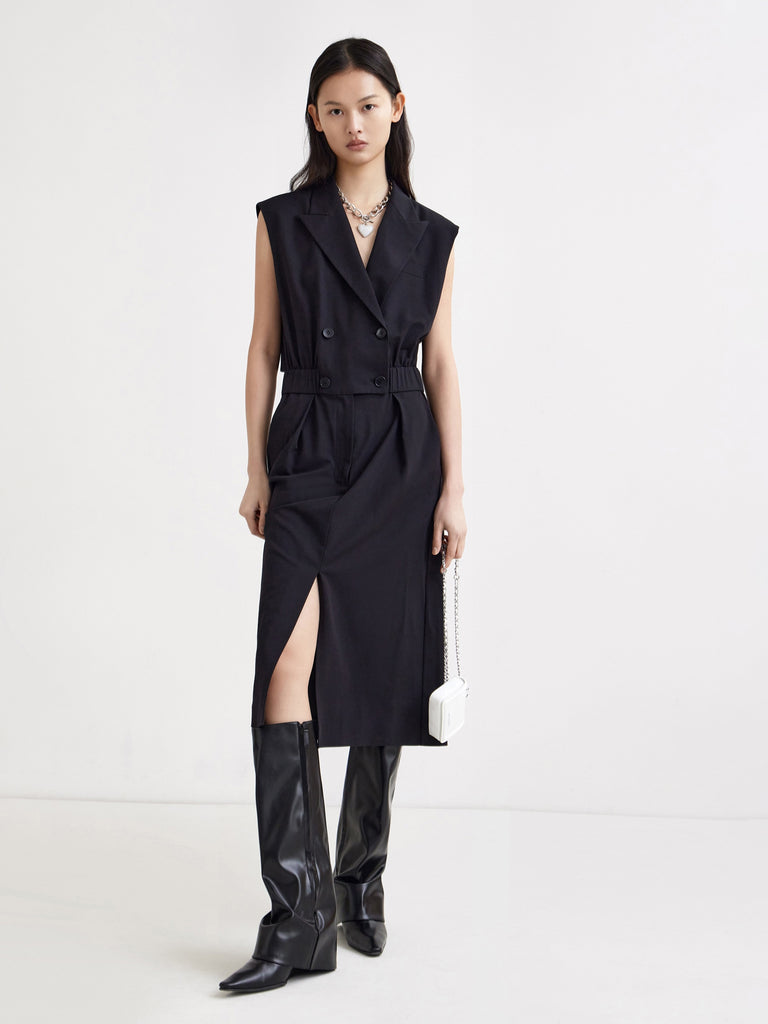 MO&Co. Women's Wool Blend Cut-Out Sleeveless Slit Dress Loose Casual Lapel