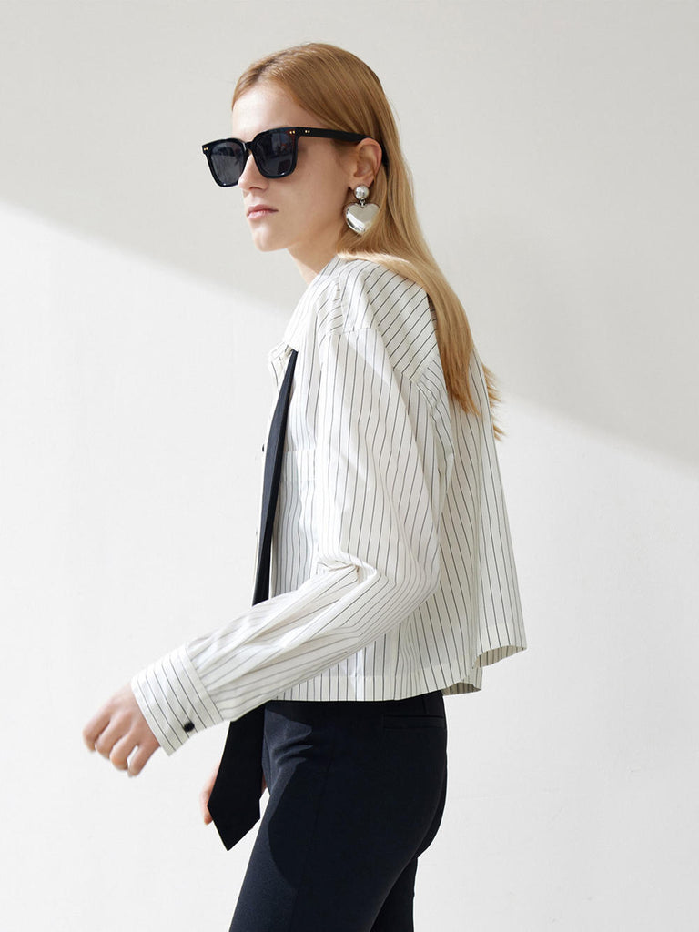 Women's Silk Blend Boxy Fit Striped Shirt in White