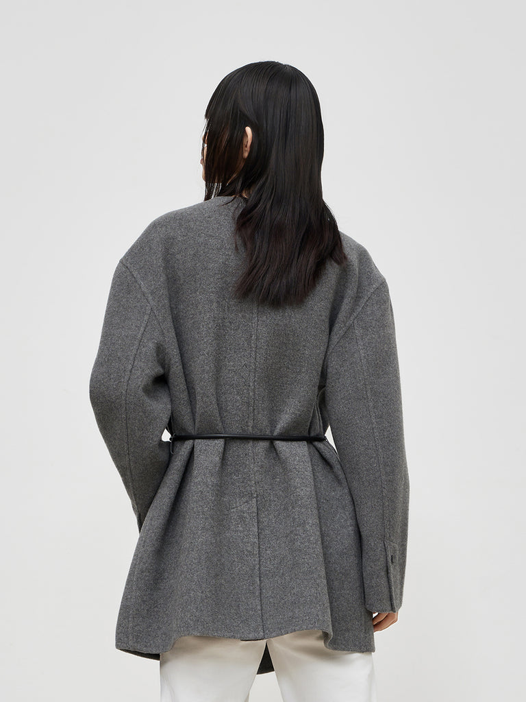 MO&Co. Women's Collarless Coat in Wool Loose Casual Lapel Longline Coat