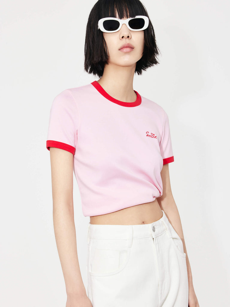 MO&Co. Women's Contrast Trim Cotton Blend Slim Fit Letter EmbroideryT-shirt for Summer in Pink