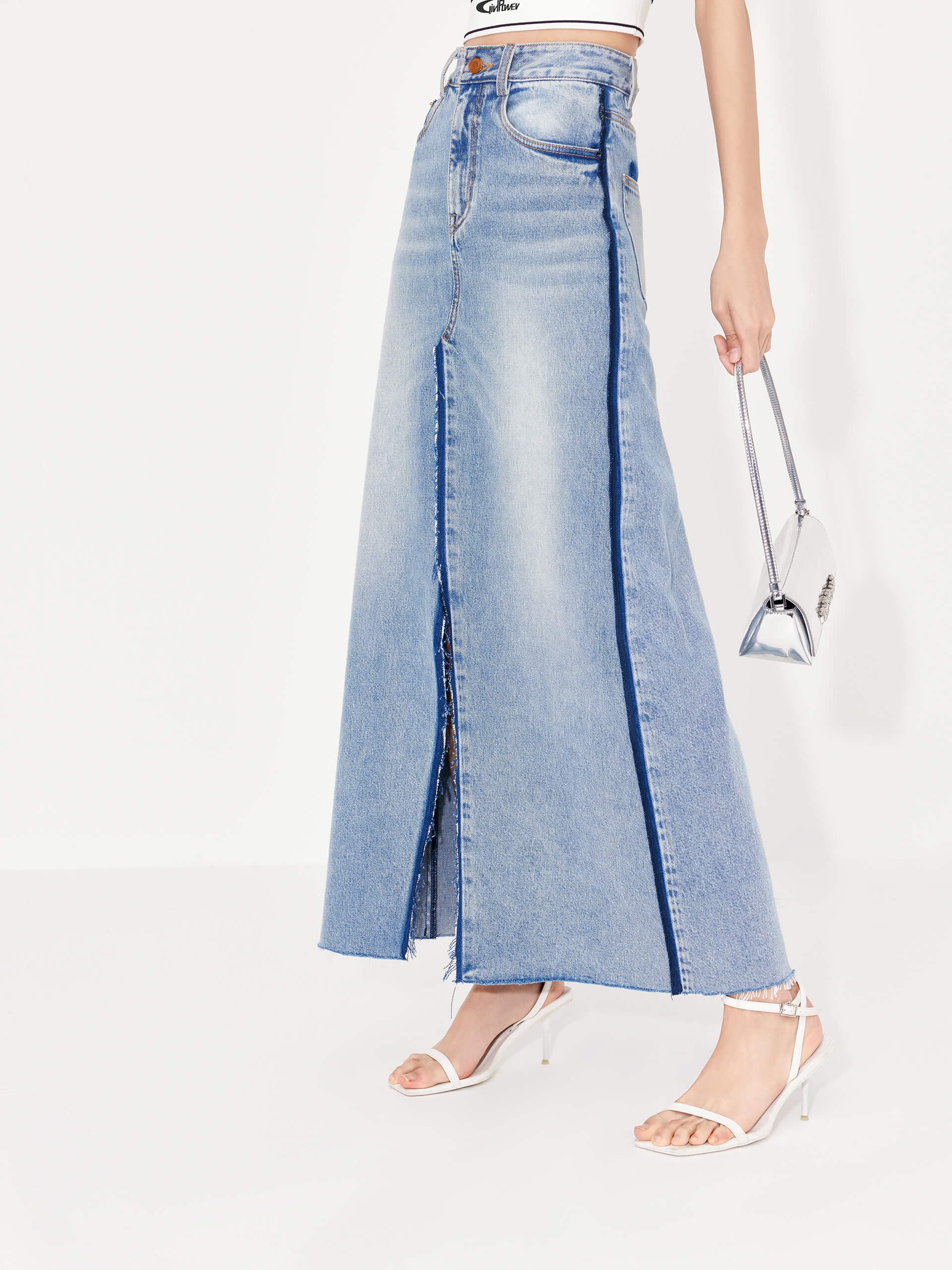 MO&Co. Women's Two-toned Seams Detail Slit Front Maxi Denim Skirt