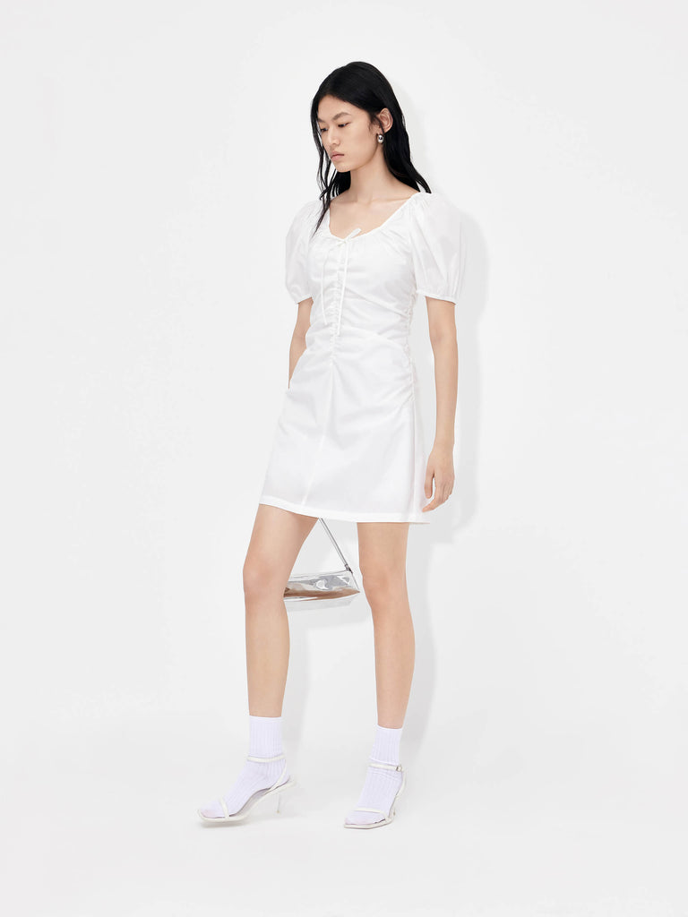 MO&Co. Women's Drawstring Pleated Detail Waist Mini Dress in White