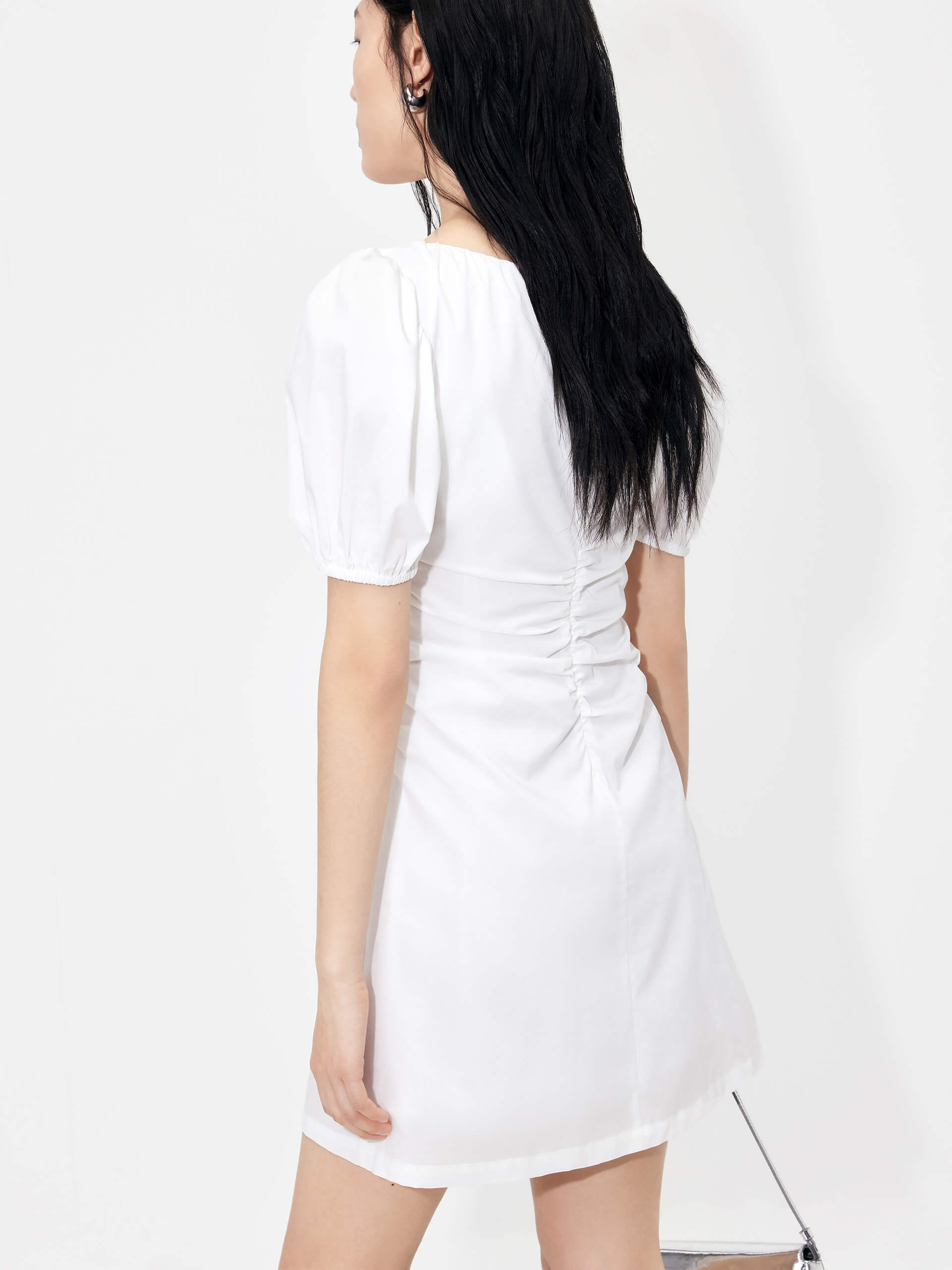 MO&Co. Women's Drawstring Pleated Detail Waist Mini Dress in White