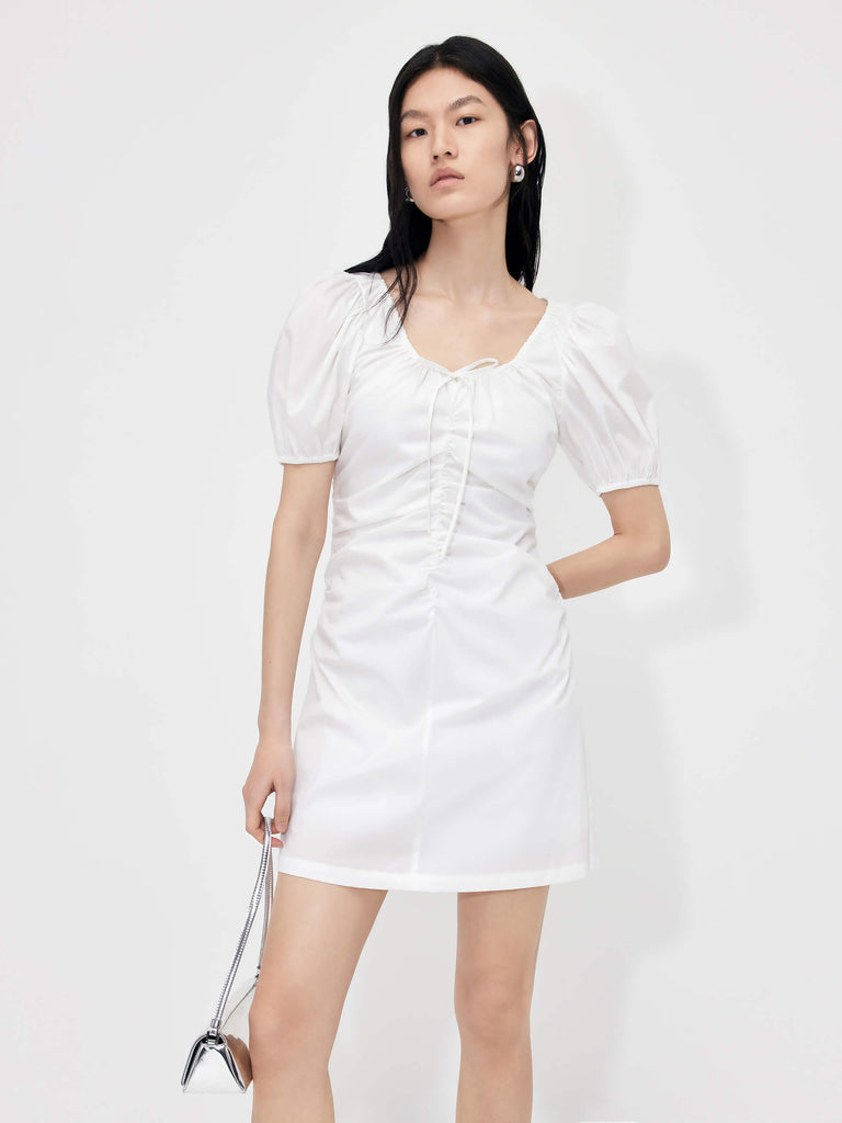 MO&Co. Women's Drawstring Pleated Detail Waist Mini Dress in White