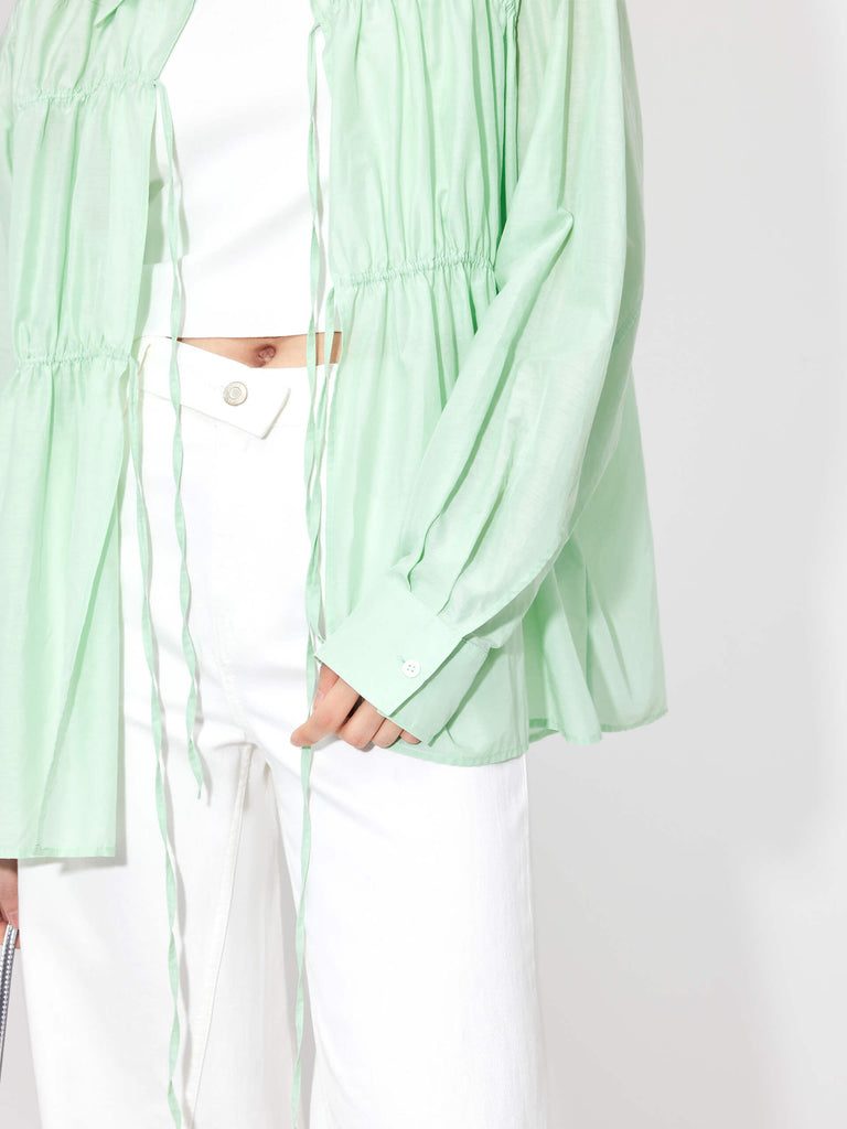 MO&Co. Women's Cotton Silk Blend Cutout Oversized Lightweight Shirt for Summer in Green