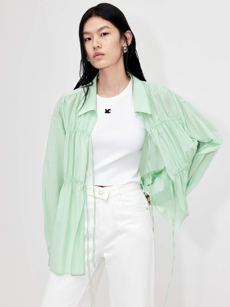MO&Co. Women's Cotton Silk Blend Cutout Oversized Lightweight Shirt for Summer in Green