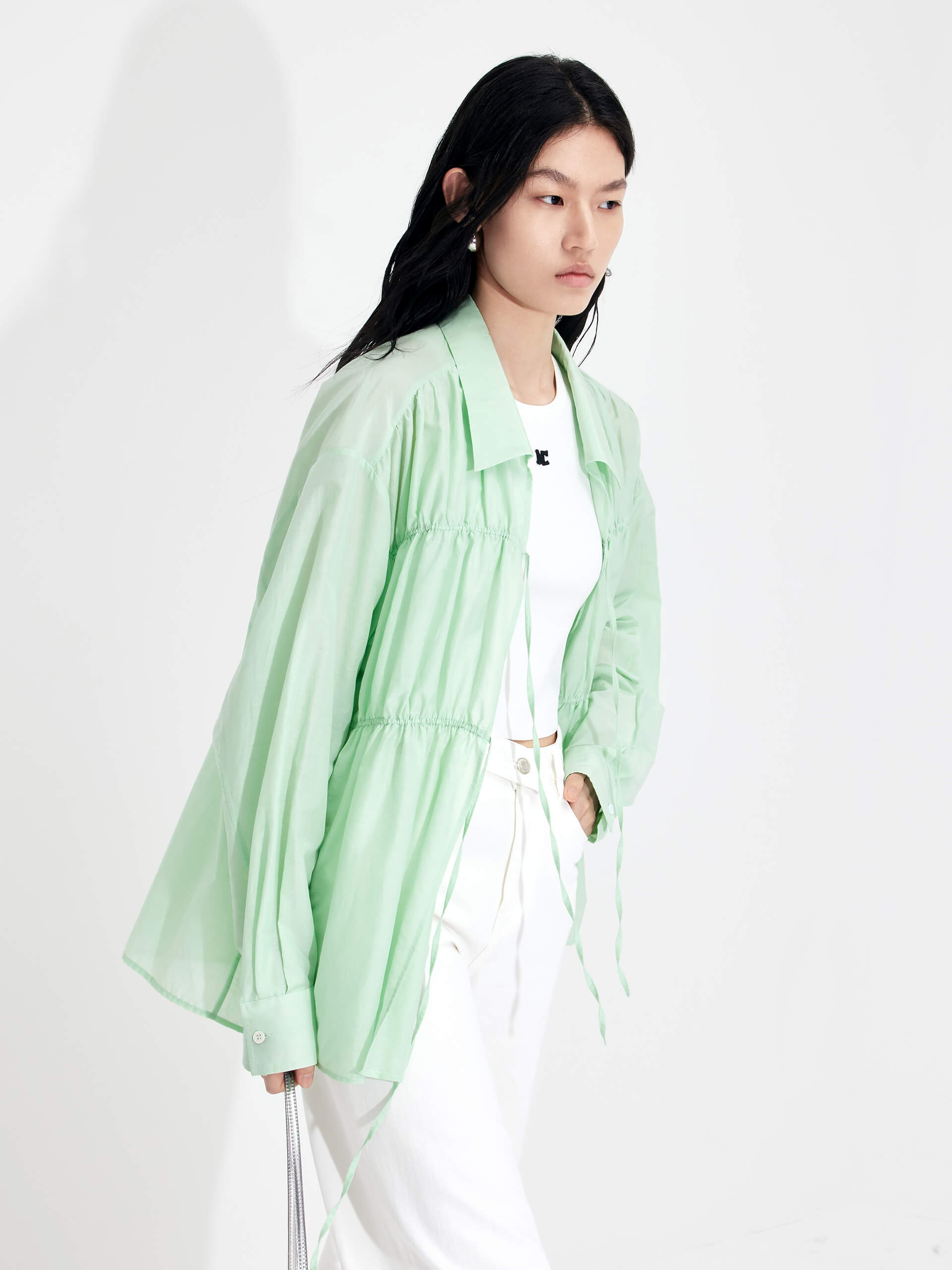 MO&Co. Women's Cotton Silk Blend Cutout Oversized Lightweight Shirt for Summer in Green