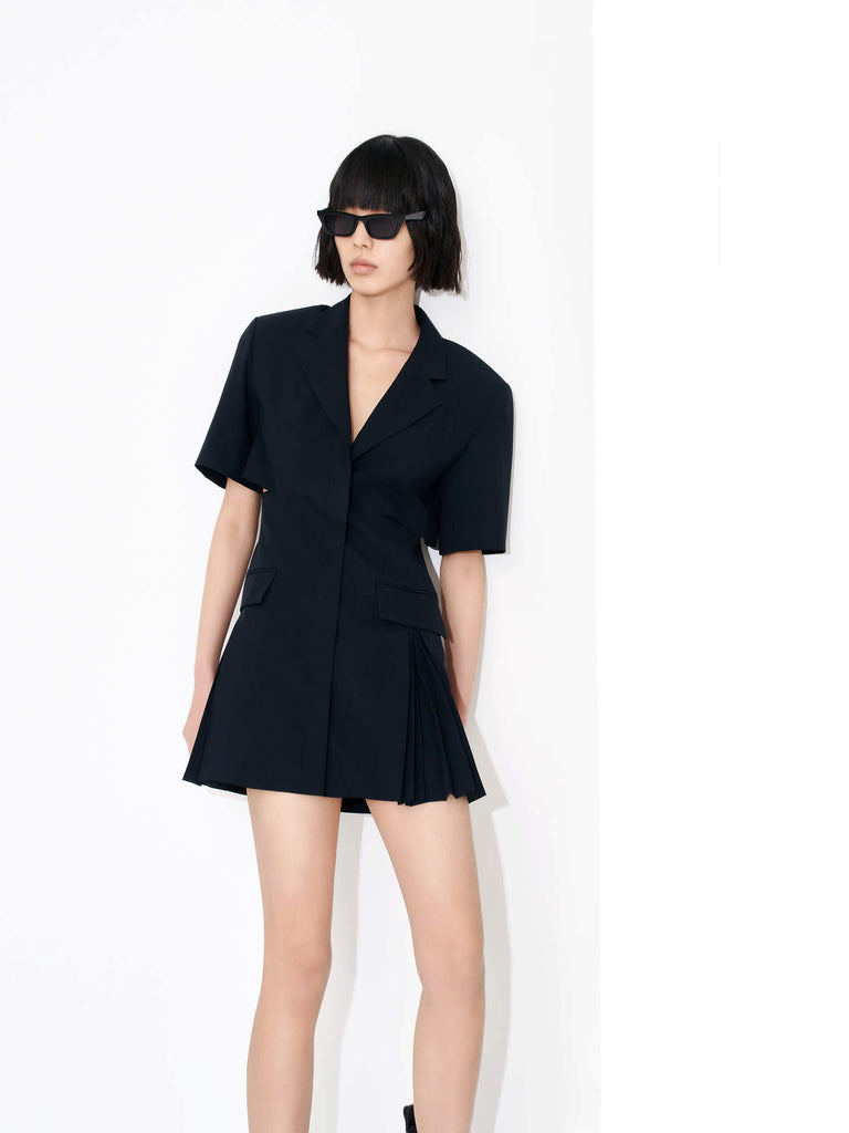 MO&Co. Women's Pleated Details Business Causal Blazer Mini Dress in Black