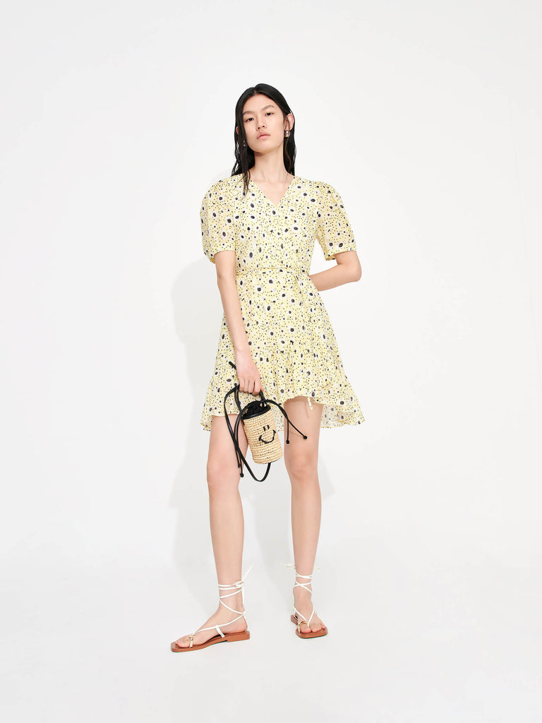 MO&Co. Women's Floral Print Wrap Summer Tea time Party Dress in Yellow