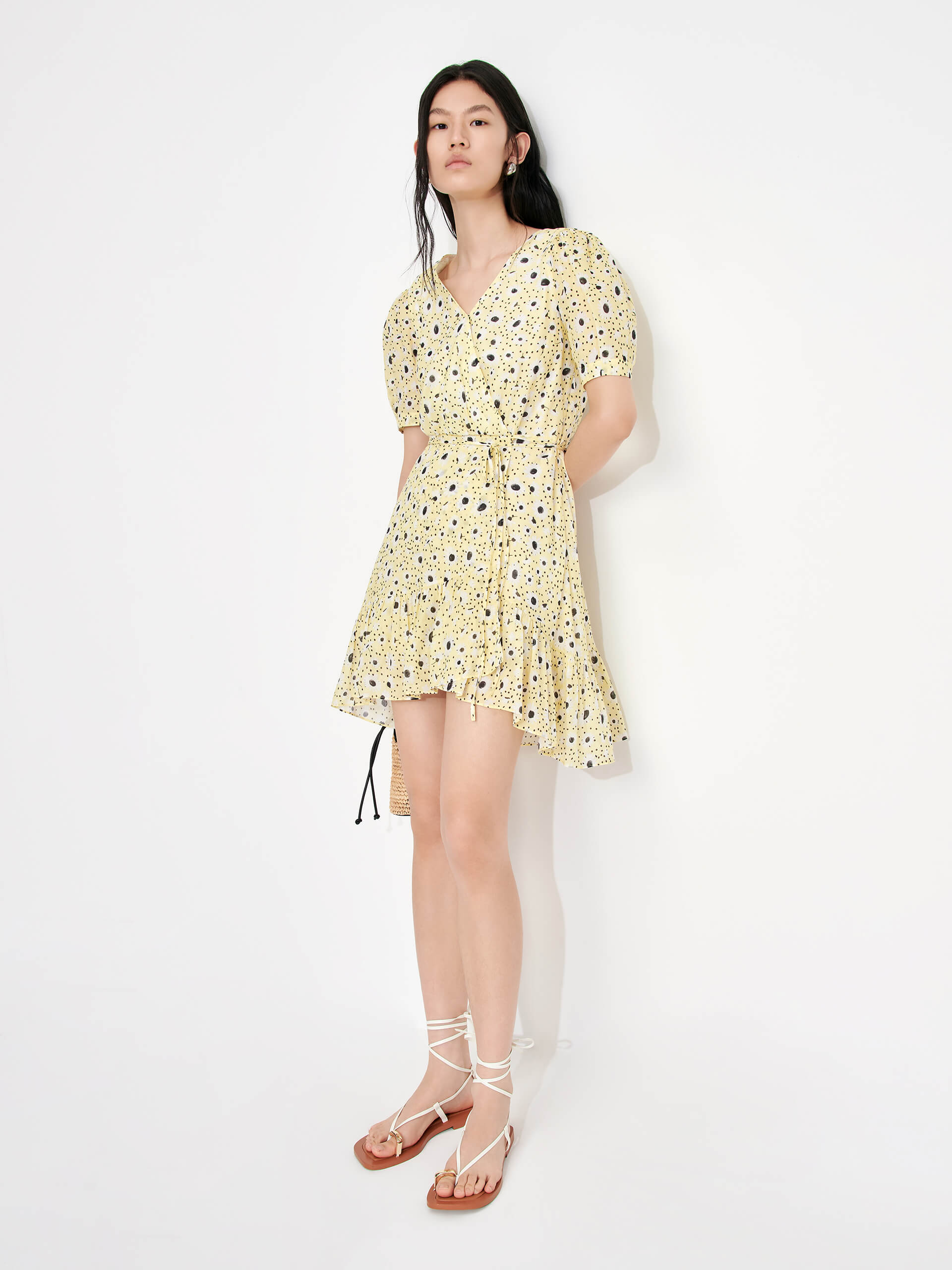 MO&Co. Women's Floral Print Wrap Summer Tea time Party Dress in Yellow