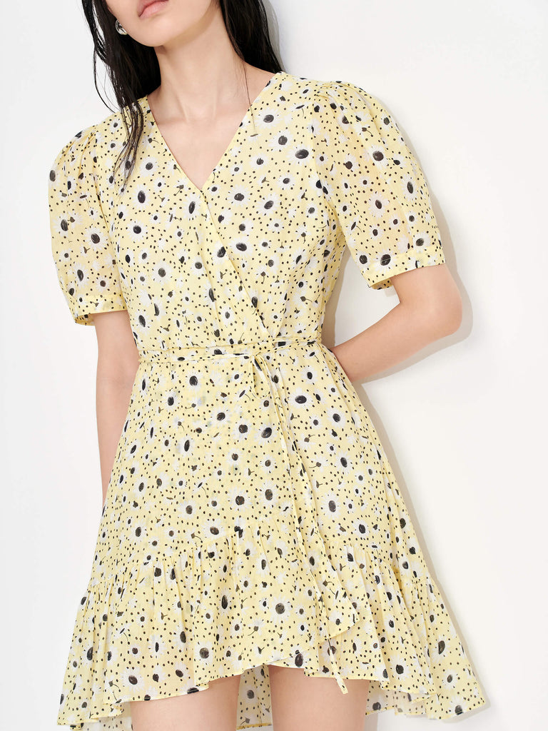MO&Co. Women's Floral Print Wrap Summer Tea time Party Dress in Yellow