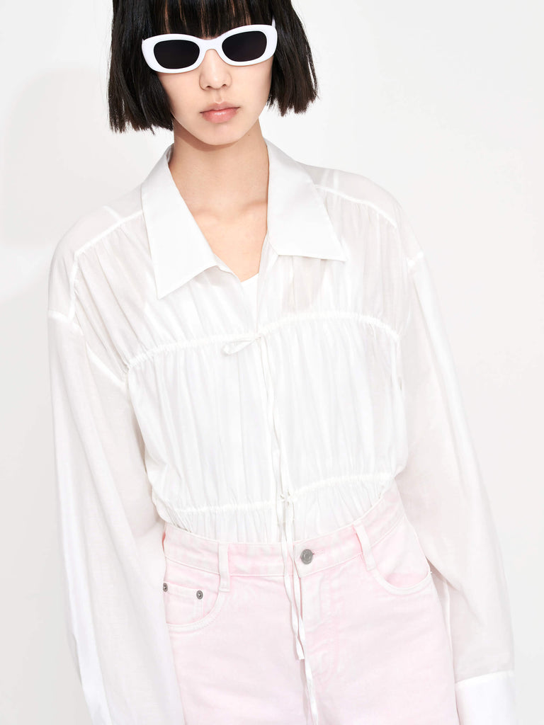 MO&Co. Women's Cotton Silk Blend Cutout Oversized Lightweight Shirt for Summer in White