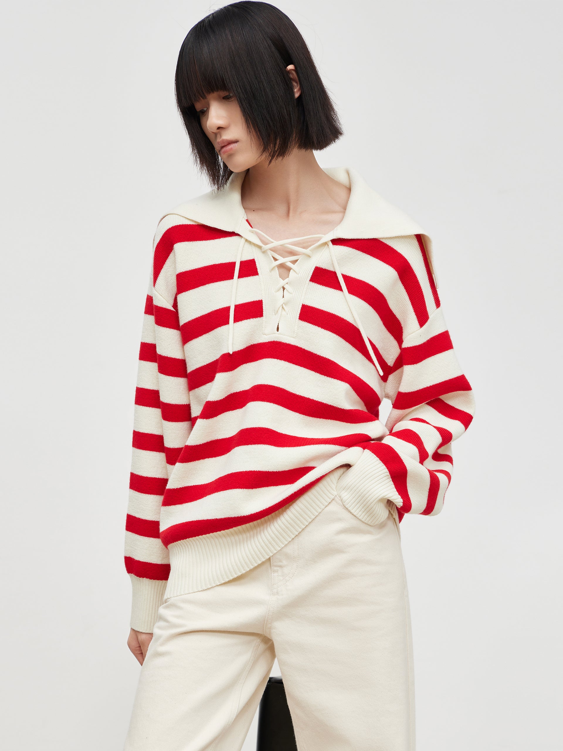 MO&Co. Women's Wool Striped Knit Pullover Loose Casual Ladies Sweater