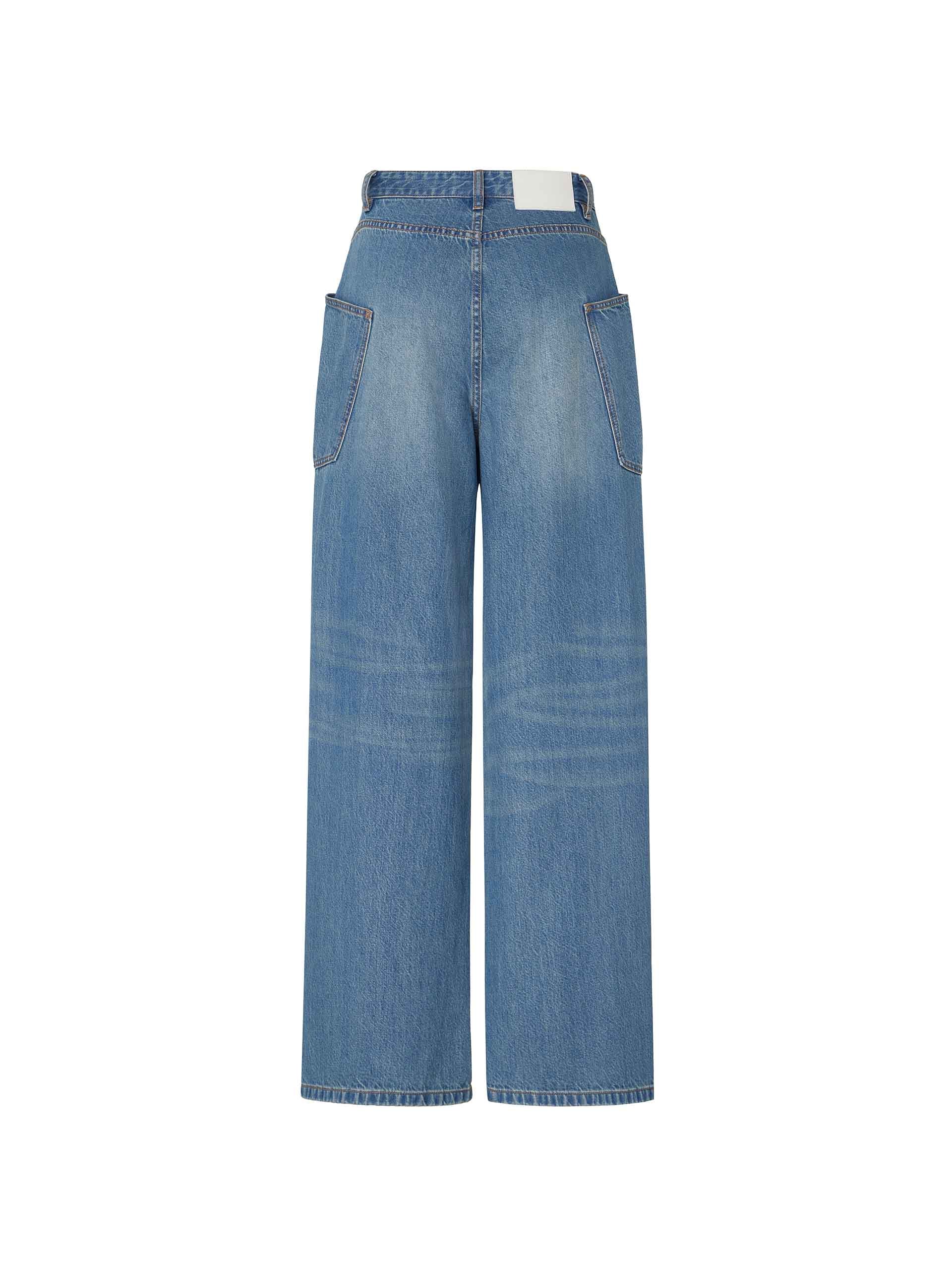 MO&Co.'s Women's Wide Leg Full Length Jeans - crafted from 100% cotton with comfort and soft touch, featuring a button and zip closure, whiskered effect and big side pocket details.