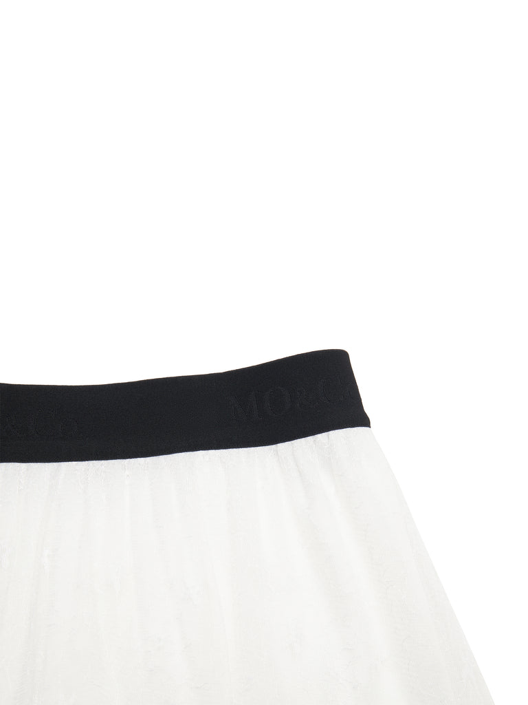 Elasticated Asymmetrical Ruffle White Laced Midi Skirt