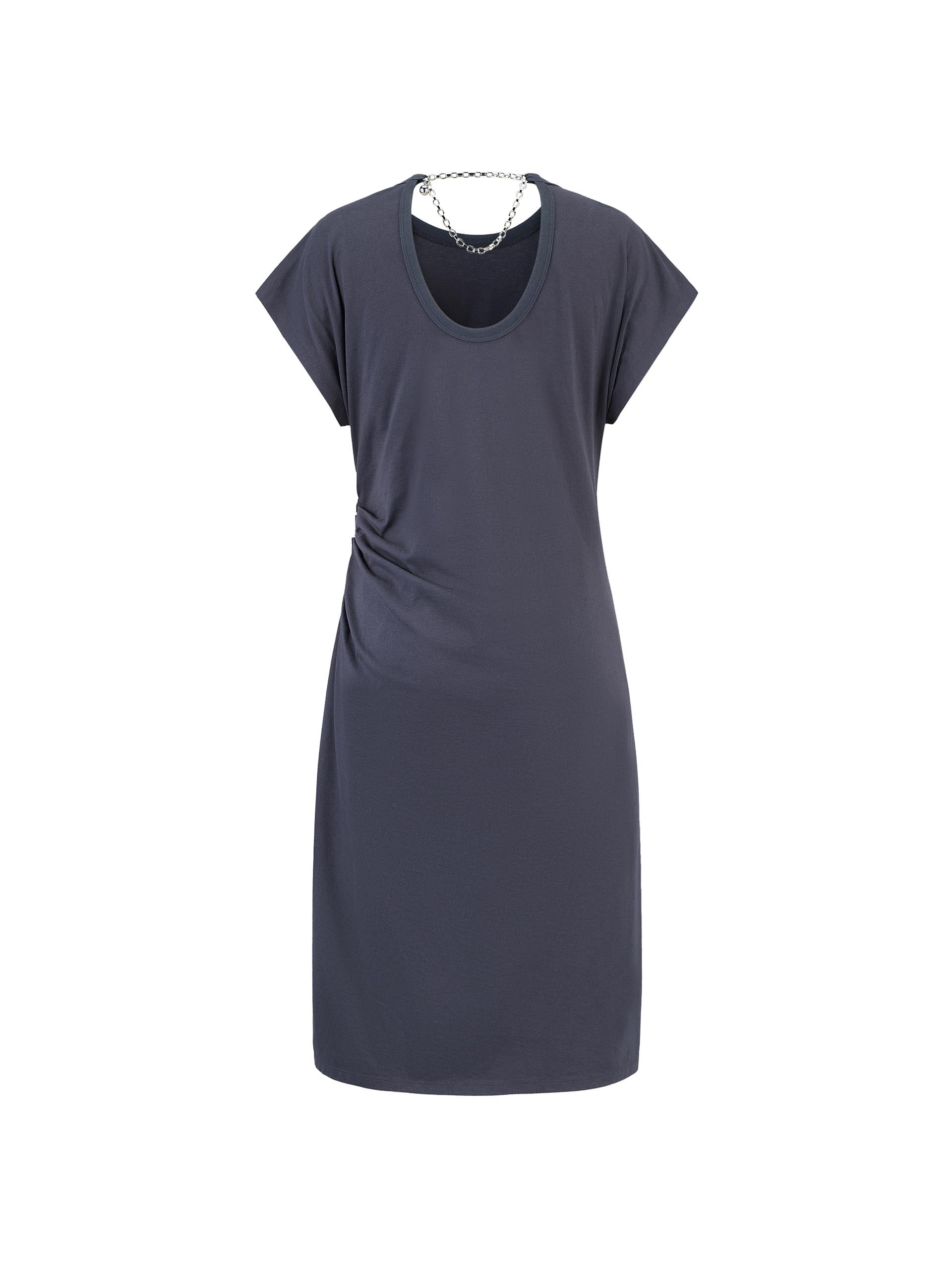 MO&Co. Women's Logo Printed Pleated Midi Dress with Cutout Back Details in Grey