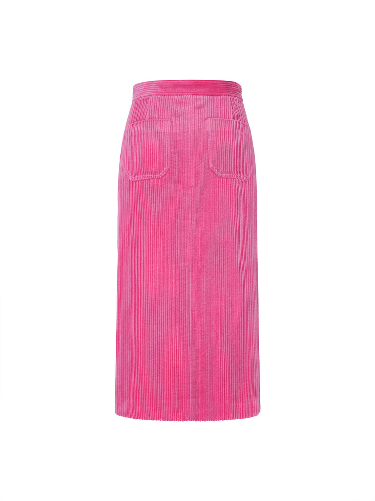 Pink Corduroy Slit Front Midi Skirt