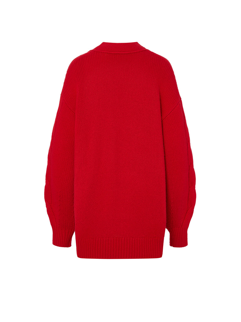 Cheongsam Buckle Wool Cable Knit Casual Cardigan in Red