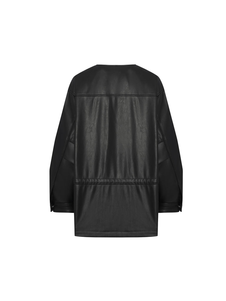 Faux Leather Collarless Jacket in Black