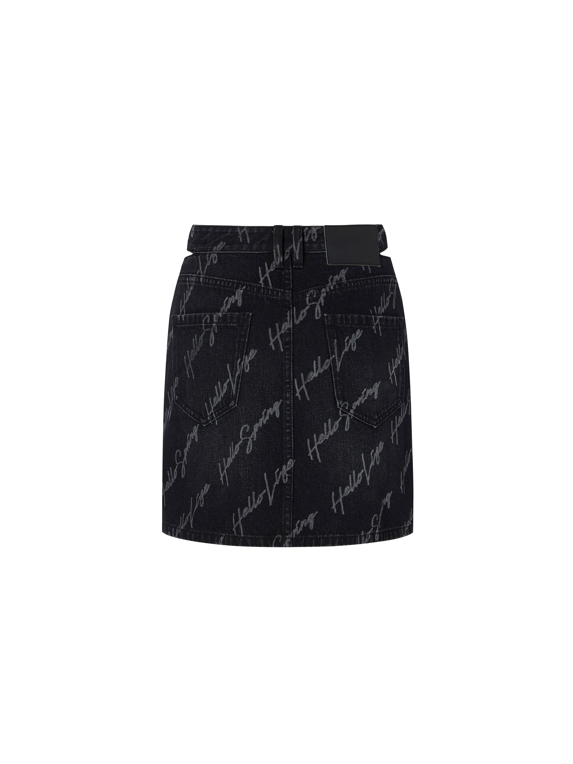 Deconstruct Cut-out Waistband Letter Print Black Mini Denim Skirt