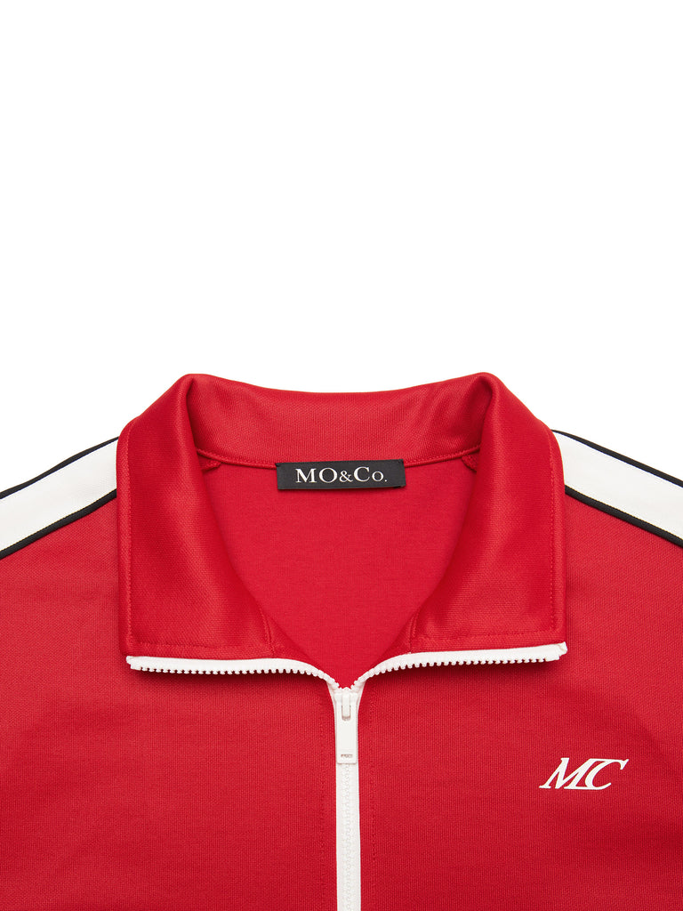 Cotton Blend Contrast Cropped Athleisure Jacket in Red
