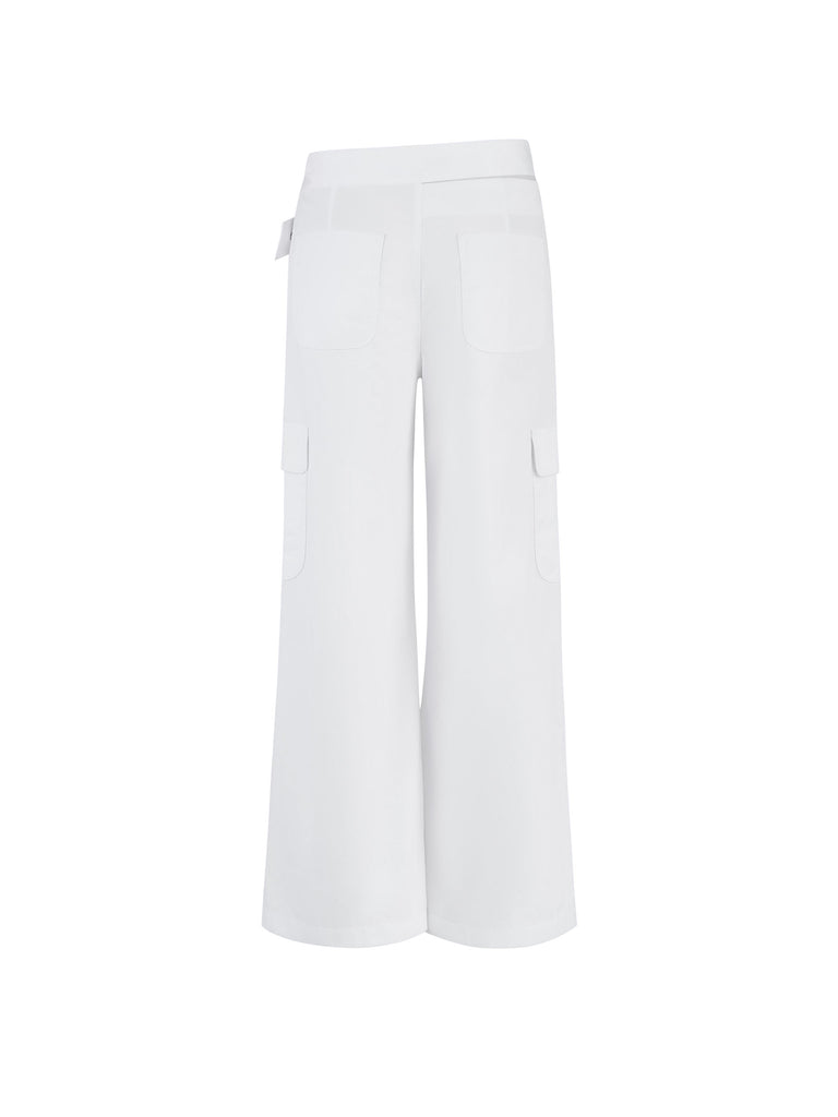 MO&Co. Women's Crossover Waistband Casual Cargo Pants for Summer in White